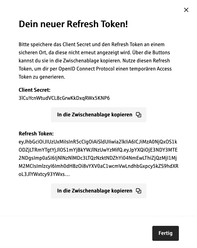 Client secret and refresh token are displayed once here.